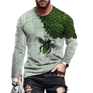 T-shirts hommes hommes t-shirt col rond dessin animé 3D imprimé abeille t-shirt à manches longues 2021 automne top base mâle t-shirt surdimensionné291K