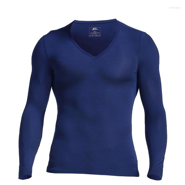 Hommes t-shirts hommes sous-vêtement thermique hommes T-shirt Modal col en v mince maillot de corps à manches longues mince bas chemise automne hiver mâle