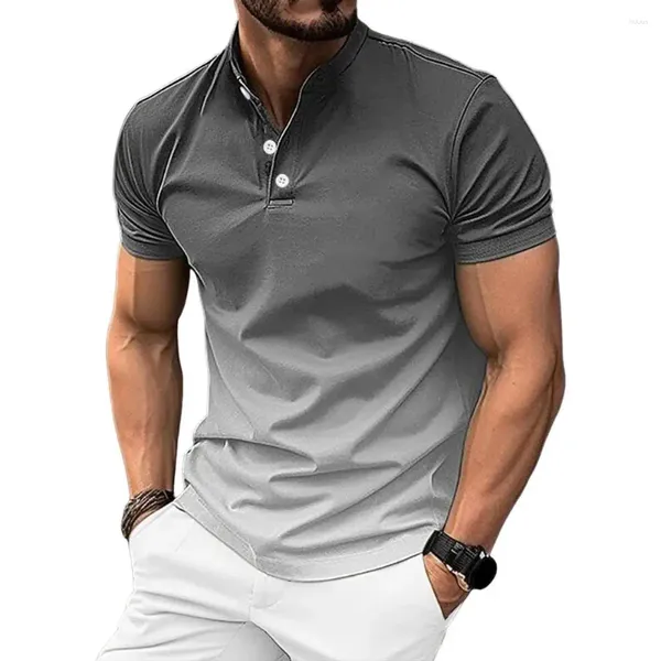 Camisetas para hombres Camisa de verano de color degradado superior con cuello de botón Estilo de viaje de negocios para usar Jersey con estilo transpirable