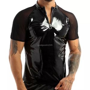 Camisetas para hombres Camisa superior para hombres Charol negro con aspecto mojado Ver a través de manga corta transparente Media cremallera frontal Camiseta Clubwear Traje de baile en barra