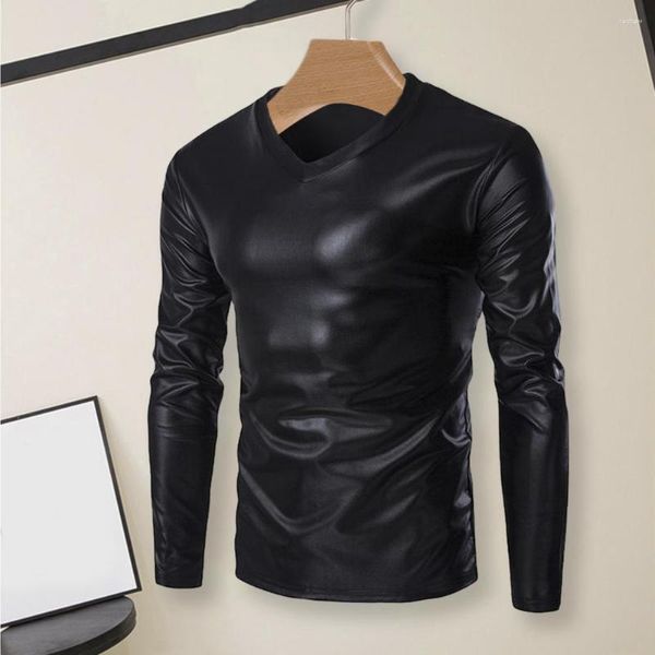 Camisetas para hombres Hombres Top Slim Fit V Cuello Camiseta de manga larga Moda Brillante Bronceado Brillo Blusa para fiestas Etapa Proms