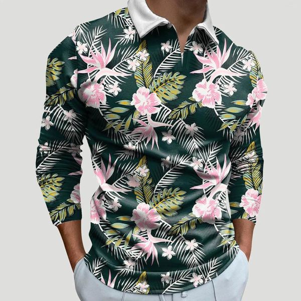 Camisetas para hombres Hombres Camiseta con estampado de árbol de coco tropical Cremallera Manga larga Cuello vuelto Camisetas Tops Ocio hawaiano Ropa de playa Moda