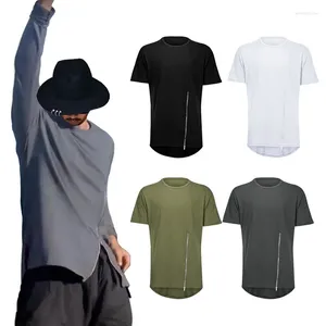 Heren t shirts heren t-shirt casual vaste kleur t-shirt rug gebogen zoomline korte mouw heren buste rits rits hiphop mannelijke streetwear kleding