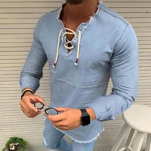 Heren t-shirts Men T-shirts 2022 Spring Solid Color Casual Long Sleeve T-Shirt Top V-Neck Bandage voor plus-size kleding