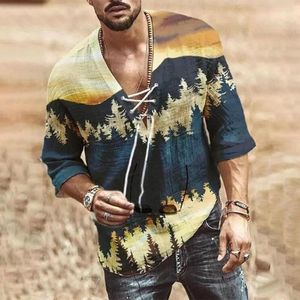 Camisetas para hombre, camiseta de manga corta estampada con cuello en V, informal, holgada, Henley Medieval, con cordones, blusa, túnica, camiseta para exteriores A50