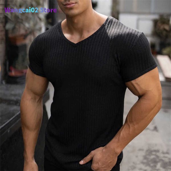 Camisetas de hombre Camiseta de manga corta con cuello en V para hombre Camiseta de tiras deportivas ajustadas Camiseta de moda sólida para hombre Tops Ropa de gimnasio de punto de verano 022223H