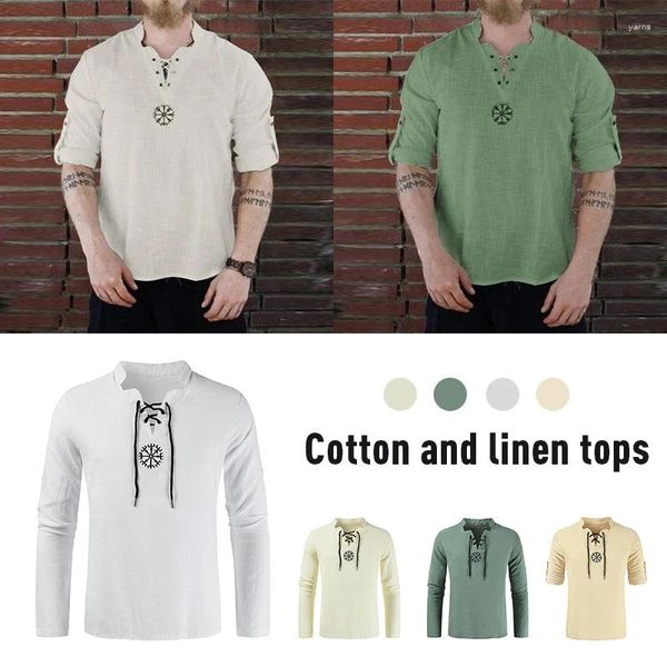 T-shirts pour hommes Hommes Viking Pirate Chemise Style Rétro Imitation Lin T-Shirts À Lacets Col Chemisier Médiéval Hauts Décontractés T-shirts