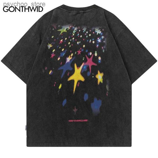 T-shirts pour hommes Hommes Vintage T-shirts Y2K Hip Hop Coloré Star Meteor Graphique Imprimé Tshirt Punk Gothique Surdimensionné Tee Harajuku Mode Top Q240130