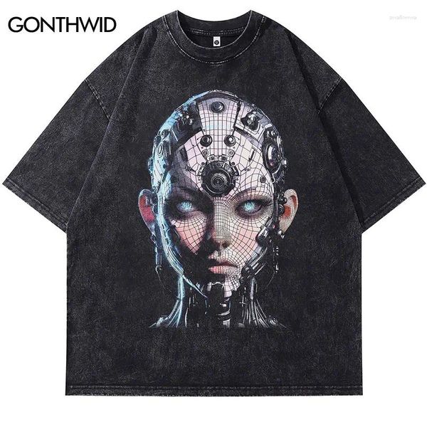 Camisetas para hombres Hombres camiseta vintage retro robot impresión gráfica lavada camiseta negra hip hop punk gótico streetwear 2024 harajuku algodón suelto