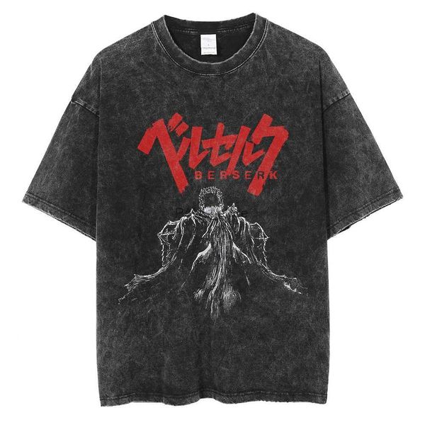 T-shirts masculins T-shirt lavé des hommes Berserk t-shirt anime tripes crâne knight tshirt 100% coton manche courte hommes femmes streetwearl2404