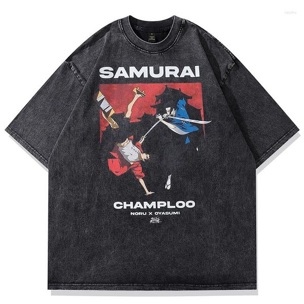 Camisetas para hombre, camiseta lavada para hombre, ropa informal estilo Hip Hop Harajuku, camiseta gráfica de samurái de Anime, camisetas casuales de algodón, camiseta de manga corta de verano
