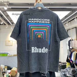 Camisetas para hombres Hombres Mujeres Vintage Tela pesada RHUDE BOX PERSPECTIVA Tee Tops ligeramente sueltos Logotipo multicolor Bonito lavado 1107