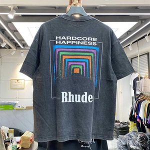 T-shirts hommes hommes femmes vintage tissu lourd rhude box perspective tee légèrement lâche tops logo multicolore joli lavé rhude210u