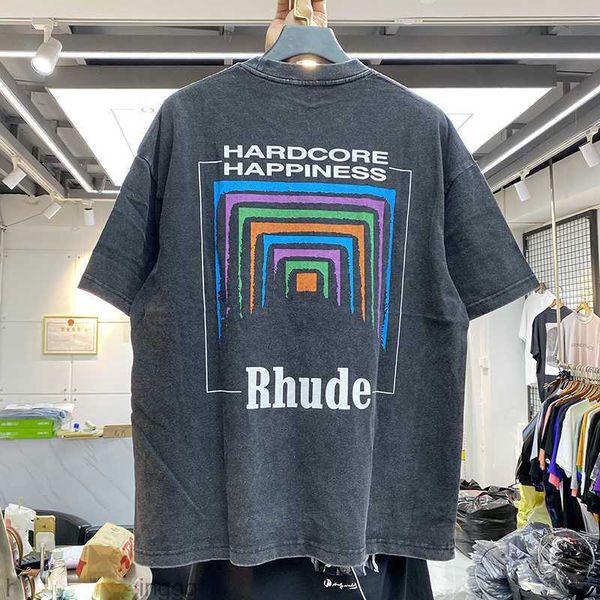 T-shirts hommes hommes femmes vintage tissu lourd rhude boîte perspective tee légèrement lâche hauts multicolore joli lavé rhude t-shirt RCJT001