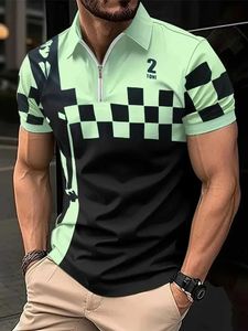 Heren T-shirts Heren business casual geruite poloshirt met ritssluiting en kraag korte mouwen T-shirt zomersporttop J240316