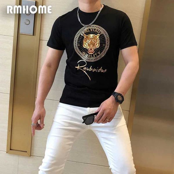 T-shirts hommes hommes t-shirt décontracté 2023 été nouvelle tendance européenne tête de tigre dorée col rond mâle t-shirts coton mercerisé homme vêtements 7xl J240316