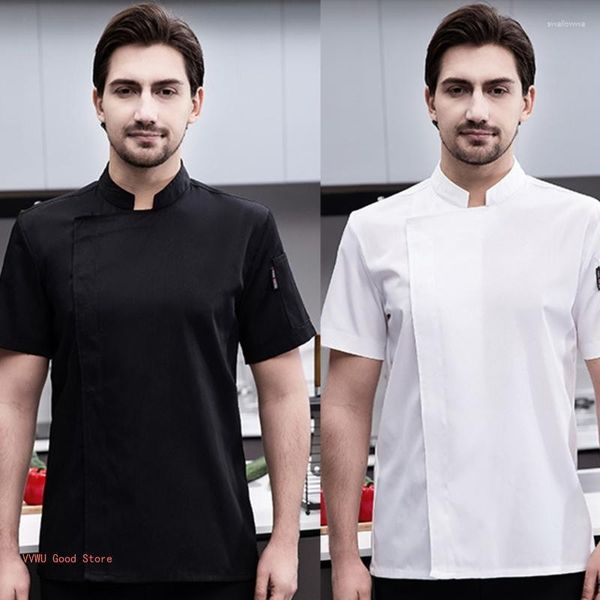 Camisetas para hombres Chef Chef Coat Work Uniforme Mole transpirable Botón de espalda Cierre de manga corta Jackets con camisa de cocina de bolsillo