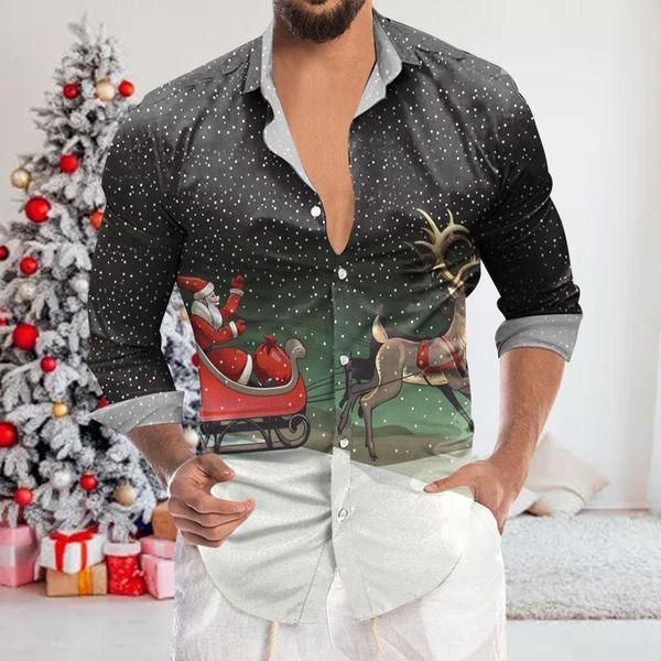 T-shirts pour hommes Hommes Noël Impression numérique 3D Bouton de revers de vacances Chemise à manches longues