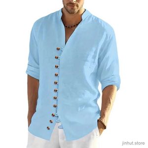 Camisetas para hombres Camisa de lino de algodón Botón Camisa de la playa Camisa de playa Summer Summer Camiseta de color sólido