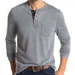 Hommes t-shirts hommes mode Henley bouton à manches longues coton T-Shirt avec poche classique t-shirt mâle taille américaine vêtements