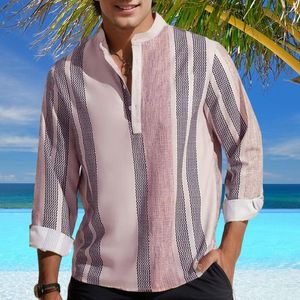 Hommes T-shirts Hommes Mode Lâche À Manches Longues Col Montant Rayé Bouton Camisas De Hombre Beaux Hommes Rétro Social Robe Chemise Géométrique