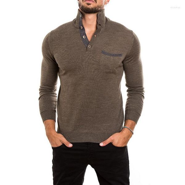 Camisetas para hombre, moda para hombre, Color sólido, ajustada, con cuello levantado, media camiseta abierta, 2023, suéter informal holgado de manga larga para hombre de otoño