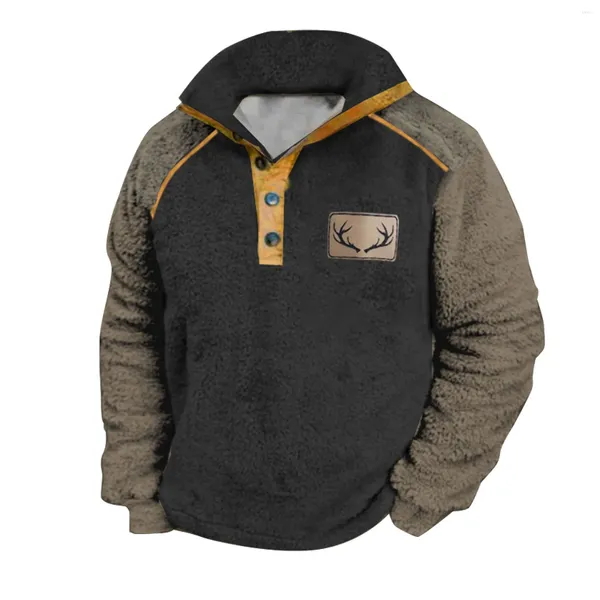 Camisetas para hombres Sudadera con capucha mullida para hombre Color de invierno Contraste Patchwork Sudadera de manga larga Moda Solapa Botón Térmico Abrigo cálido Casual