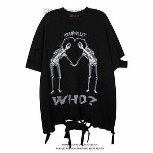 T-shirts pour hommes T-shirts noirs drôles pour hommes T-shirts oversize déchirés Hip Hop Skull Painted Streetwear Y2k Vintage Loose Short Sleeve Cotton 220622 Z230704
