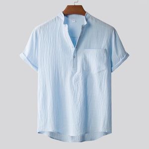 Camisetas de hombre para hombre hogar Vintage Color Lino sólido manga corta Retro falso cuello alto hombres Petite Tops cuello