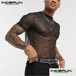 T-shirts hommes Hommes Incerun 2021 Mode Hommes Mesh T-shirt Voir à travers respirant manches courtes Slim Shiny Party Discothèque Y Thin Camise Dhucl