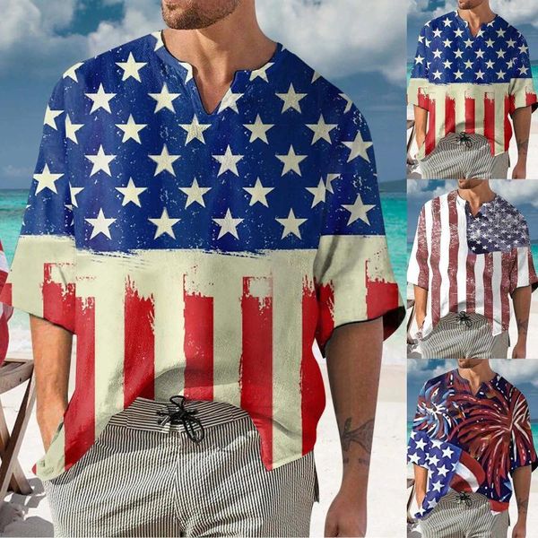 Camisetas para hombre Bandera del Día de la Independencia para hombre Impresión digital 3D Tela arrugada de burbujas Camiseta de manga corta con cuello en V Top