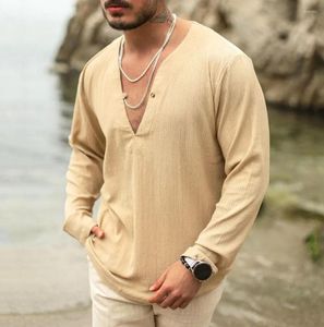 T-shirts pour hommes chemise à manches longues en lin pour hommes respirant confortable décontracté coupe ajustée boutonné pour les affaires de plage d'été