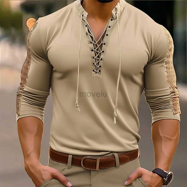T-shirts masculins pour hommes à manches longues en dentelle à manches longues à manches longues T-shirt Casual V Neck Muscle Tops Blouse Men adultes chemises médiévales Chemise 2443