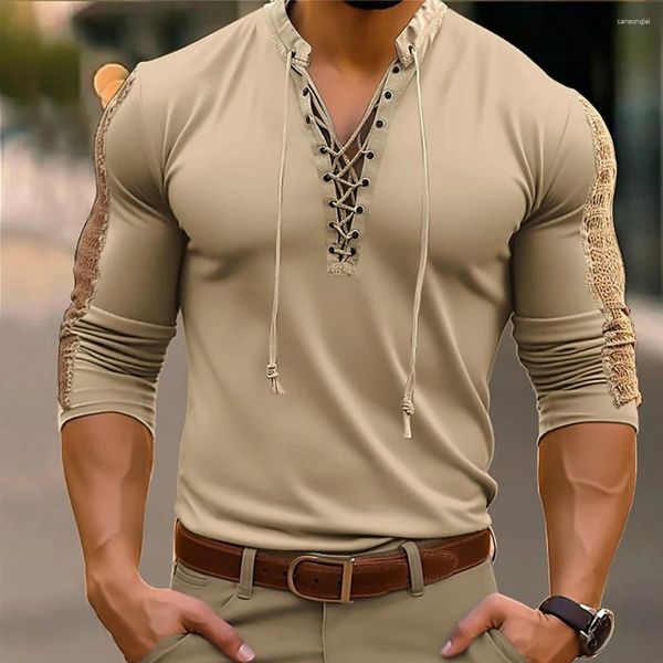 Camisetas para hombre Camisa de manga larga con cordones para hombre Camisa informal con cuello en V Tops musculosos Blusa para hombres adultos Chemise medieval
