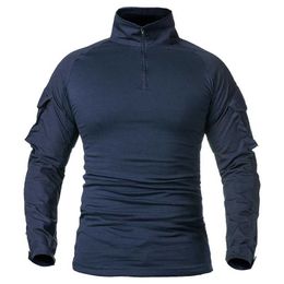 Camisetas para hombres Camisa de combate militar de manga larga para hombre 1/4 con cremallera Camisa táctica militar de algodón resistente al desgarro Camisa de aire de camuflaje azul marino Camiseta J240221