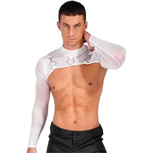 T-shirts pour hommes Mens See-Through Mesh Half Crop Top Mock Neck Long Sleeve O-Ring Decor T-Shirt Party Stage Performance Costumes Clubwear