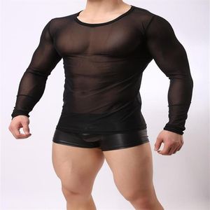 Heren T-shirts Heren Doorzichtig Mesh Spier T-shirt Lange Mouw Tee Tops Kostuum Nachtclub Zwart Sexy301E