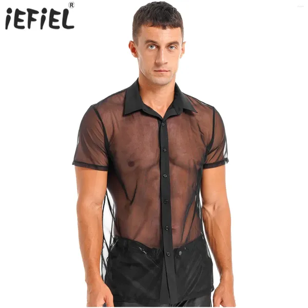 T-shirts pour hommes Hommes Voir à travers la maille Chemise à manches courtes Col rabattu Bouton Sheer Tops Clubwear Rave Party Music Festival Vêtements