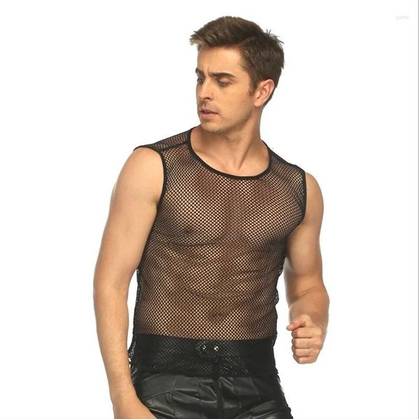 Camisetas para hombres Mens Sexy Crop Tops Ver a través de malla Fitness camiseta Discoteca Fishnet Muscle Net Tela Hollow Out Camiseta Chaleco Clubwear