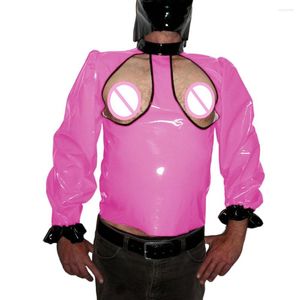 T-shirts pour hommes en cuir PVC sexy pour hommes Coupes ouvertes Tee Wet Look High Neck Puff Manches longues Expose Chest Tops Gays Males Fetish Club Costume