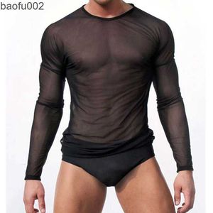 T-shirts pour hommes T-shirt transparent sexy pour hommes Sheer See Through Mesh T-shirt à manches longues Tops Undershirt Fitness Tight Noir / Blanc Lounge Tees W0322