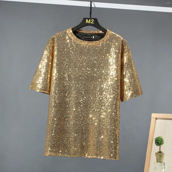 T-shirts pour hommes Hommes Brillant Gold Sparkle Paillettes Années 1970 Disco Party Club Costume Chemise À Manches Courtes Glitter T-shirt Hip Hop Streetwear Camiseta