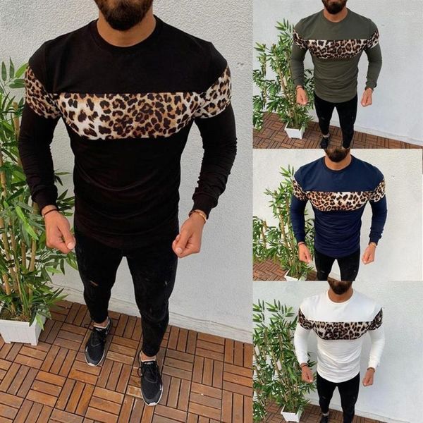 Camisetas para hombres Camisa para hombre Manga larga Casual Hombres Ropa O Cuello Leopardo Costura Tops Tee