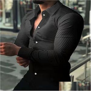 T-shirts pour hommes Chemise pour hommes à manches longues hawaïenne sociale luxe bouton cardigan chemisier en lin simple poitrine col rabattu pour hommes tissu Dhyxj