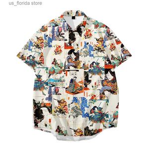 Heren T-shirts Heren shirt Y2k hombre samurai patroon 3D digitale print kort shirt heren strt Hawaii retro shirt heren shirt Y240314