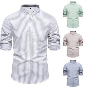 T-shirts pour hommes Slim Fit Col montant Coton Lin Casual Fashion Business Stripe Chemise à manches longues