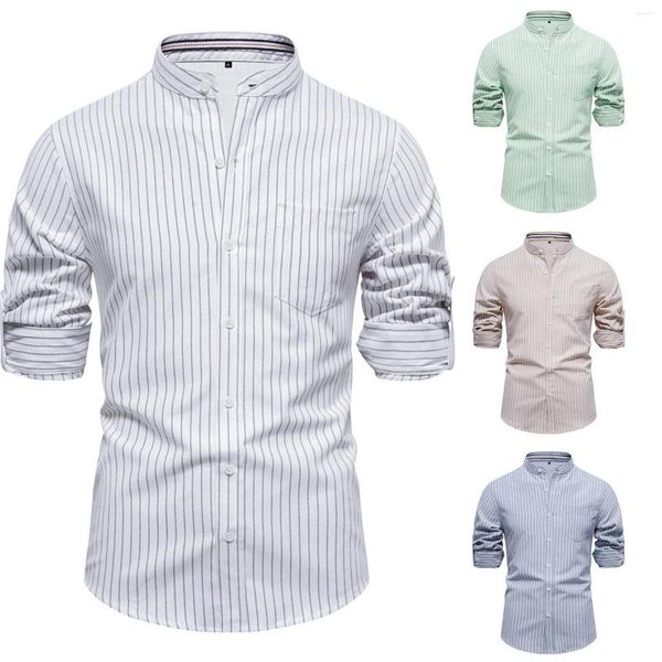 Camisetas para hombres para hombre Slim Fit Stand Collar Algodón Lino Casual Moda Business Stripe Camisa de manga larga Paquete de hombres grandes y altos