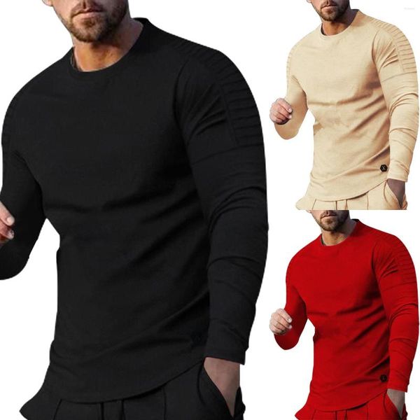 Hommes t-shirts hommes solide mode décontracté sport Fitness en plein air col rond épaule pli chemise Raglan à manches longues court Scoop t-shirt