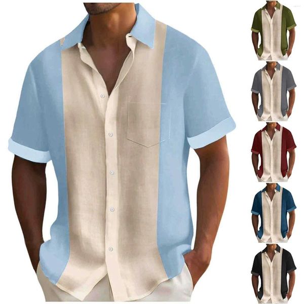 T-shirts pour hommes hommes printemps et été revers Cardigan bouton couture contrastée mince chemise à manches courtes smoking barboteuse hommes