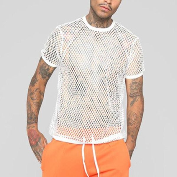 T-shirts pour hommes Hommes Printemps et été Mesh Crew Neck Net Chemise creuse à manches courtes Mode sexy